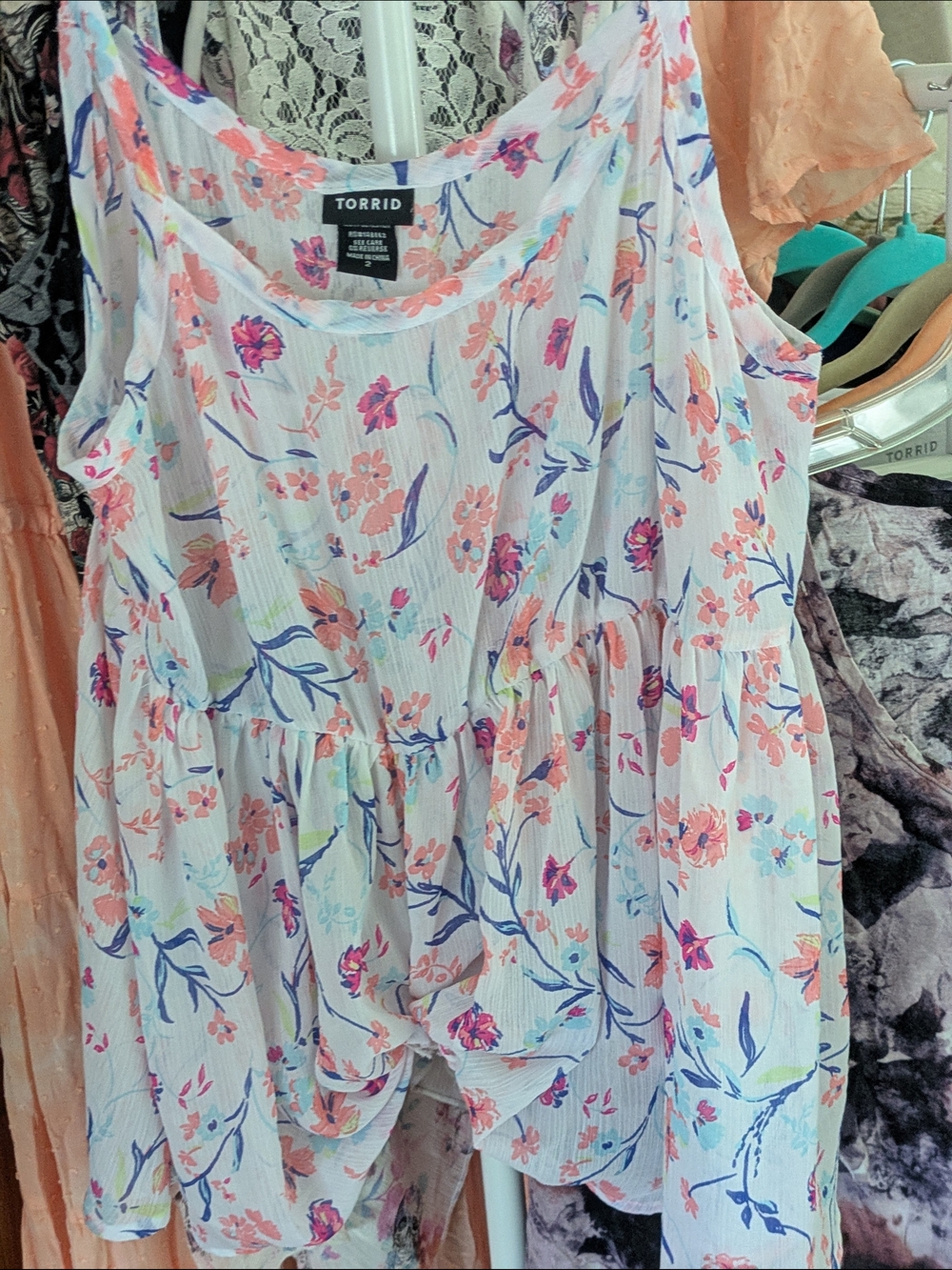torrid White Floral Tiered Sleeveless Tank with Pink and Blue Flowers